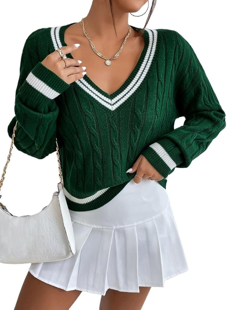 Women's pullover sweater Striped Trim V-neck Drop Shoulder Knit Sweater | Amazon (US)