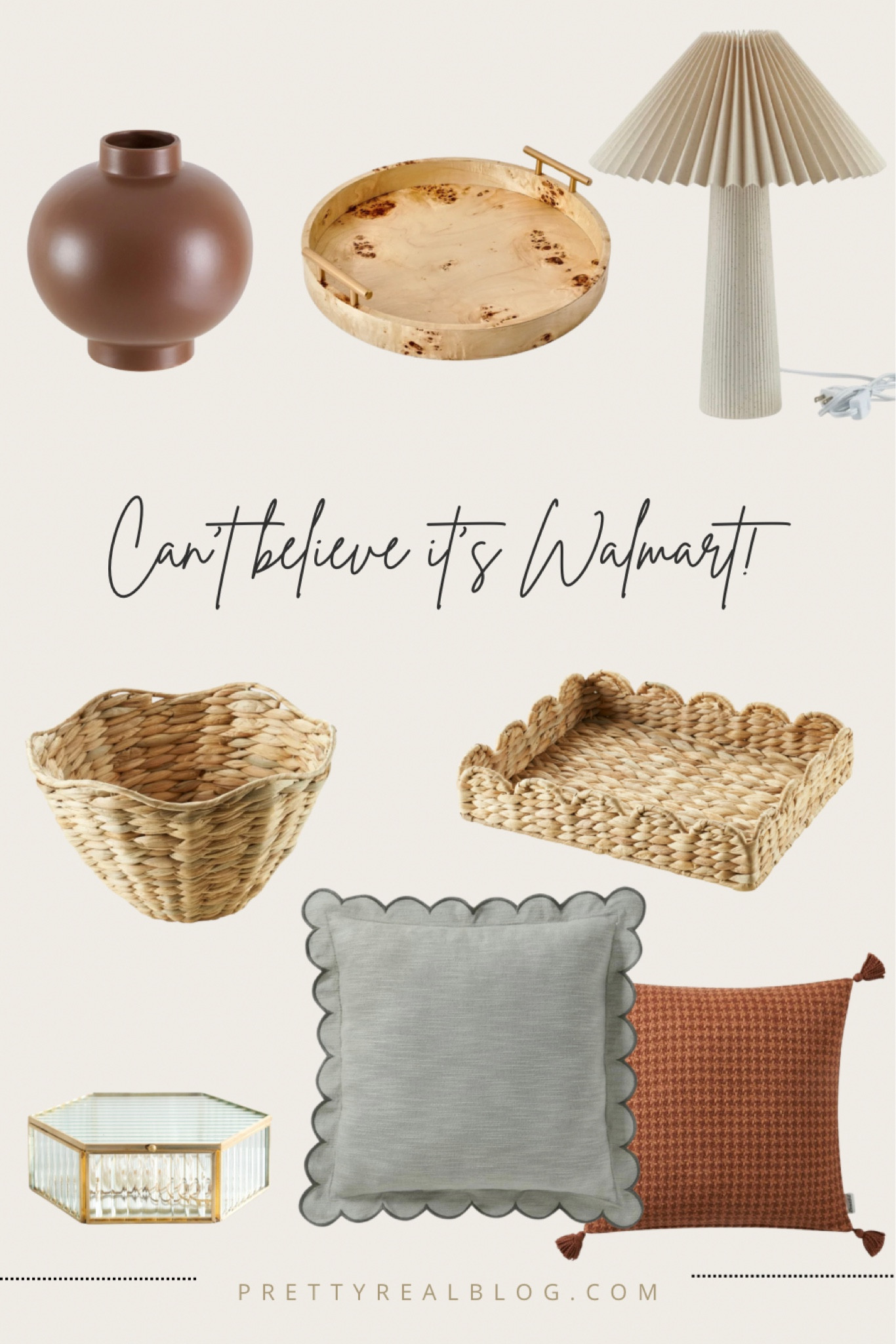 Cutest finds from Walmart! Living room decor, shelf styling, scallop pillow, scallop tray, fluted glass, burl wood tray, pleated shade 

#LTKFindsUnder50 #LTKHome