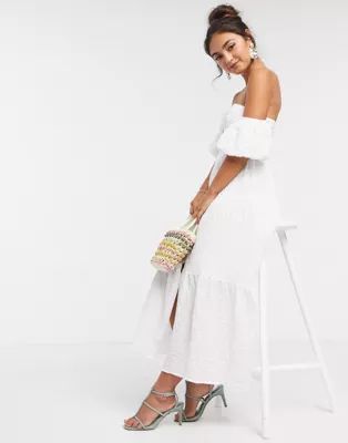ASOS DESIGN textured off shoulder button through tiered maxi dress in white | ASOS (Global)