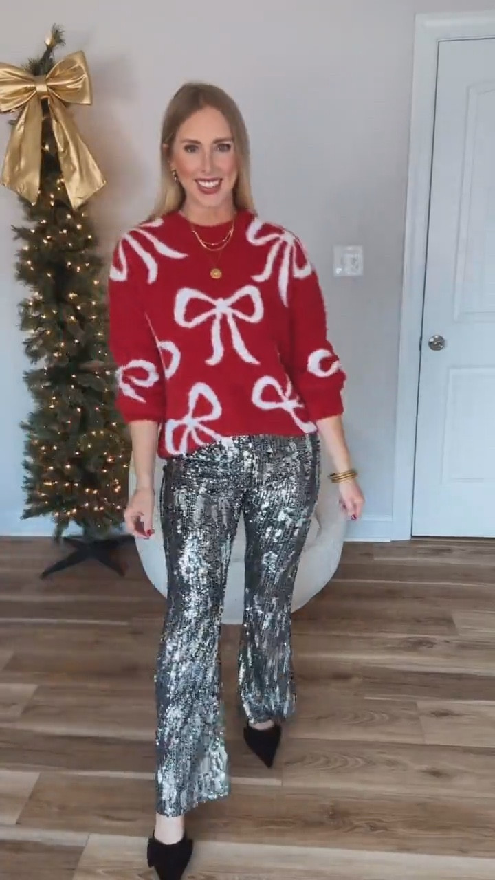 Walmart try on, holiday outfit, sequin pants, bow sweater 

#LTKHoliday #LTKFindsUnder50