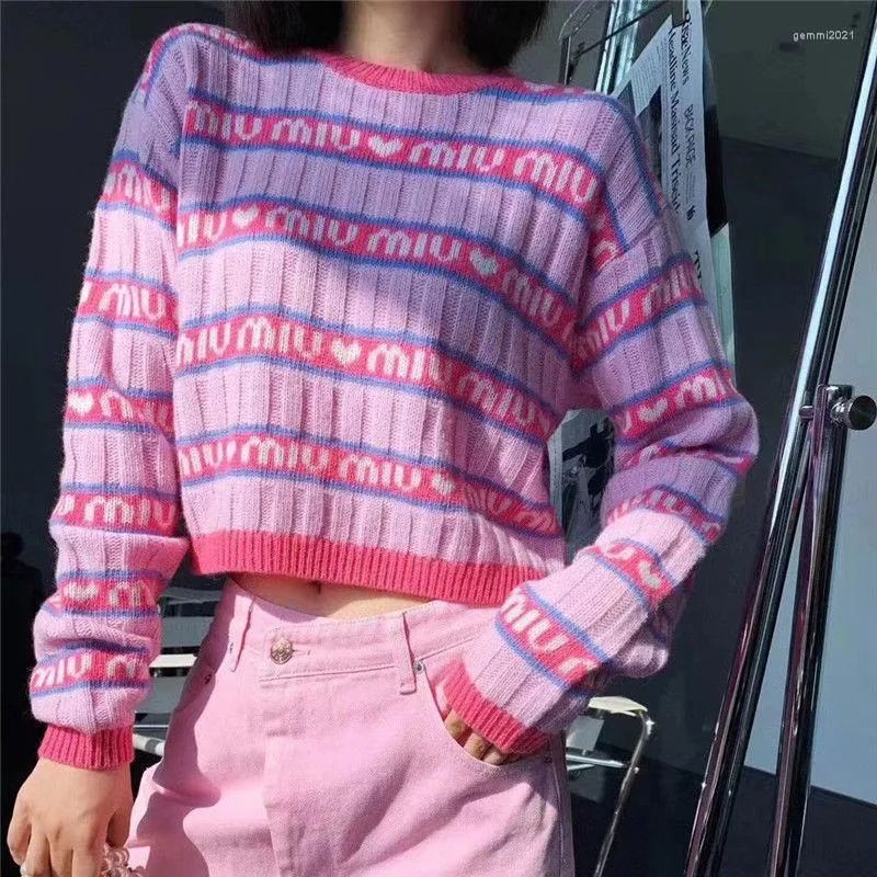Womens Pink Purple Knit Sweater   Letter Brand, Loose Fit, Long Sleeved, Pink Cropped Shirt For A... | DHGate
