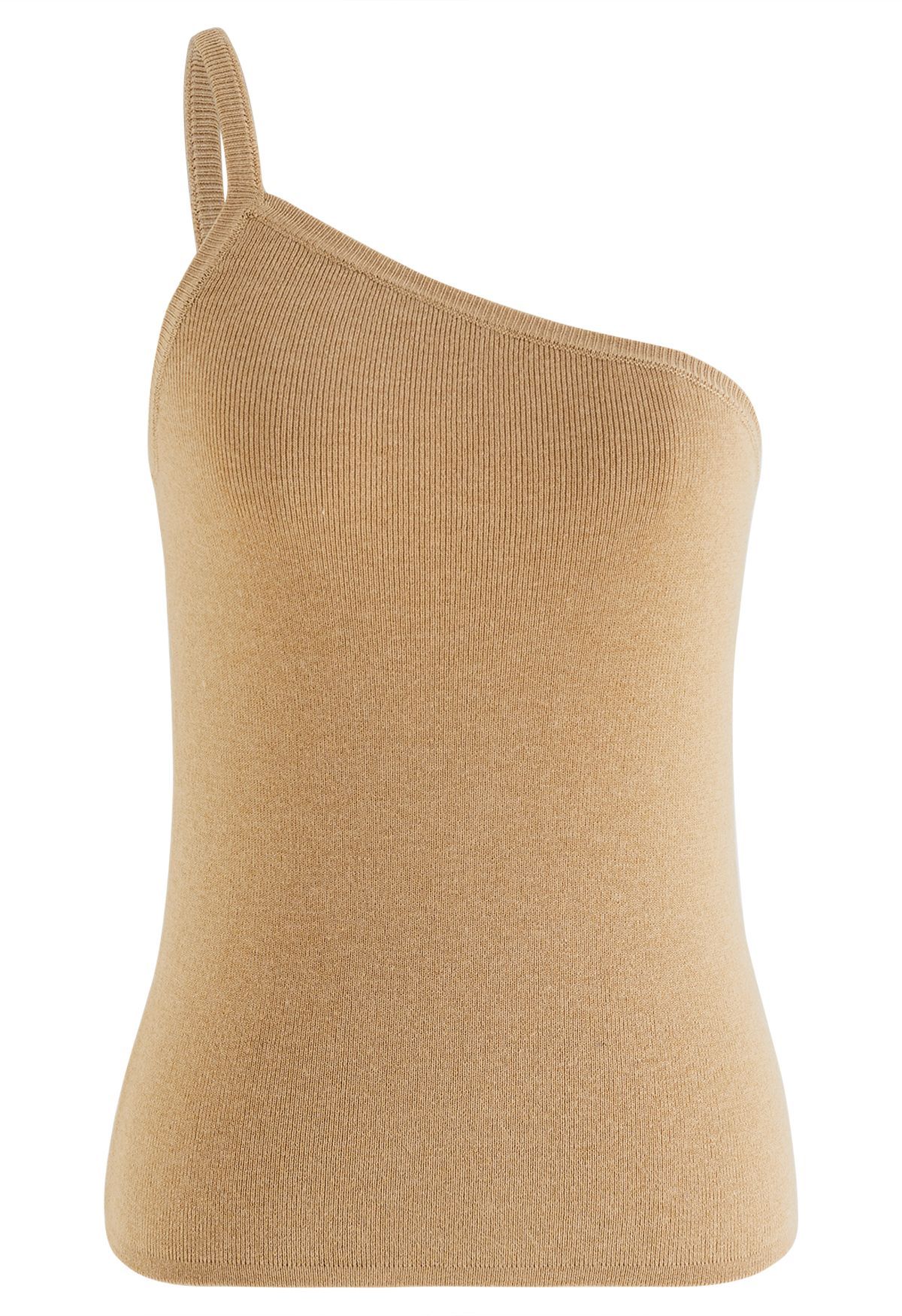 Strappy One-Shoulder Knit Tank Top in Light Tan | Chicwish