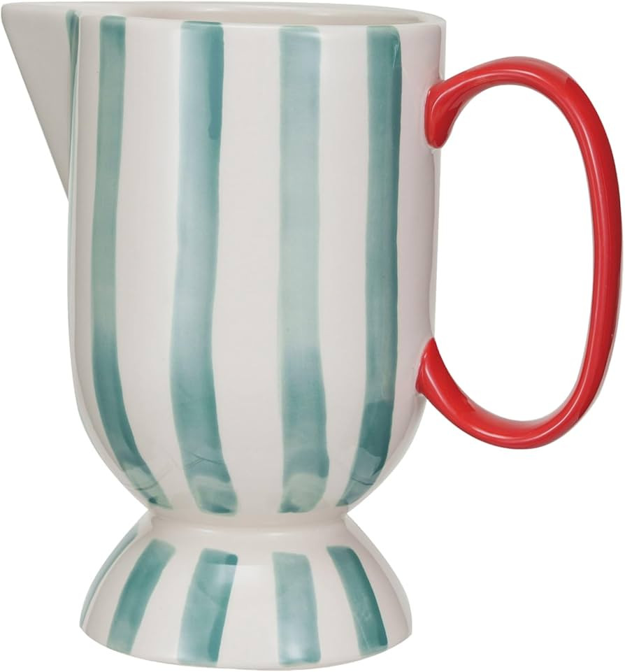 Creative Co-Op 1 Quart Hand-Painted Stoneware Footed Pitcher with Stripes, Red, Aqua and Cream Co... | Amazon (US)