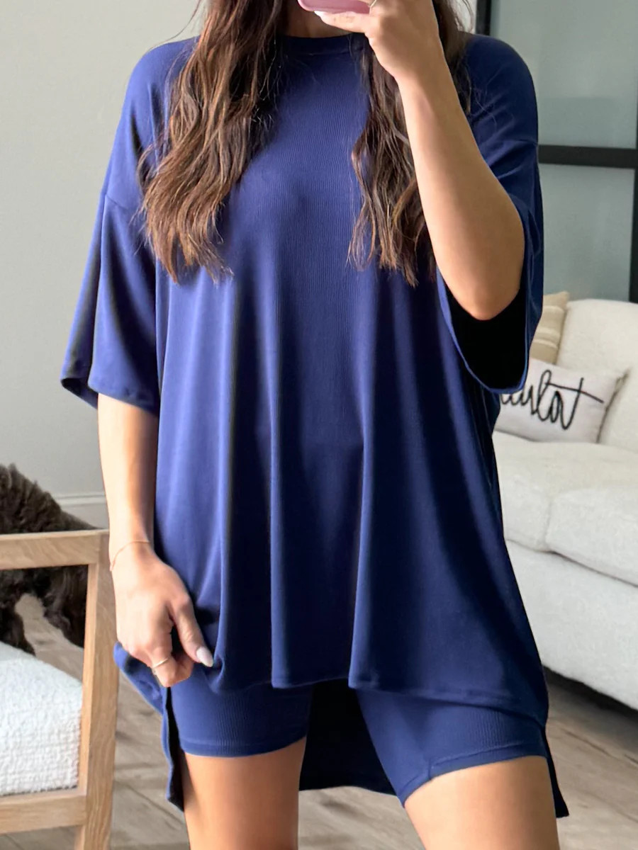 Novi Ribbed Tee + Shorts Set | Navy | +Plus Available | Talulah