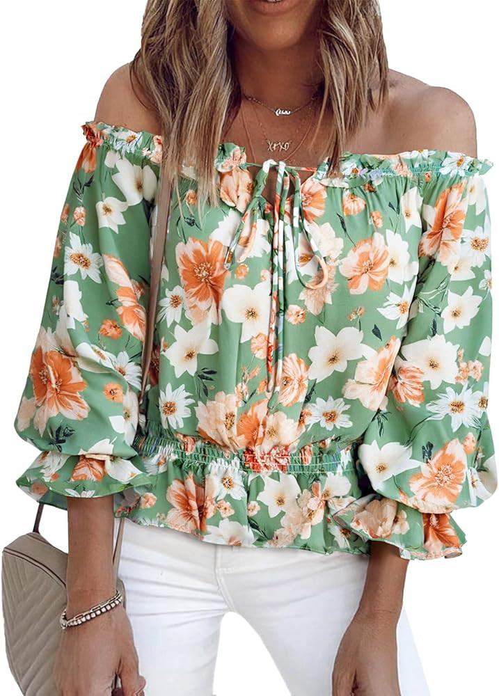 BLENCOT Summer Sexy Off Shoulder Tops for Women Boho Ruffle Sleeve Floral Chiffon Shirts Blouses | Amazon (US)