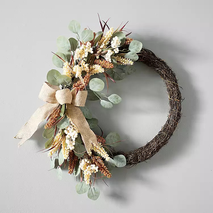 New!Eucalyptus Heather Mix Burlap Bow Wreath | Kirkland's Home