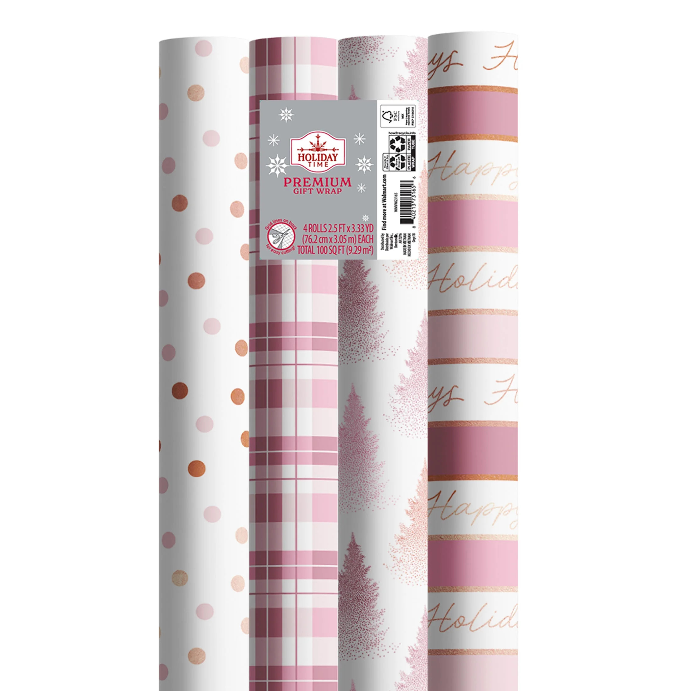 Pink and White Assorted Premium Christmas Wrapping Paper, 100 sq ft, 4 Rolls, by Holiday Time | Walmart (US)