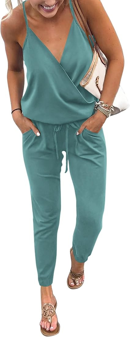 PRETTYGARDEN Women's Summer Casual Jumpsuits Wrap V Neck Sleeveless One Piece Pants Romper with P... | Amazon (US)