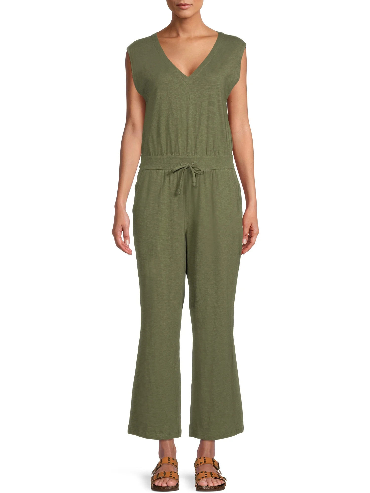 Time and Tru Women's Short Sleeve Cropped Wide Leg Knit Jumpsuit | Walmart (US)