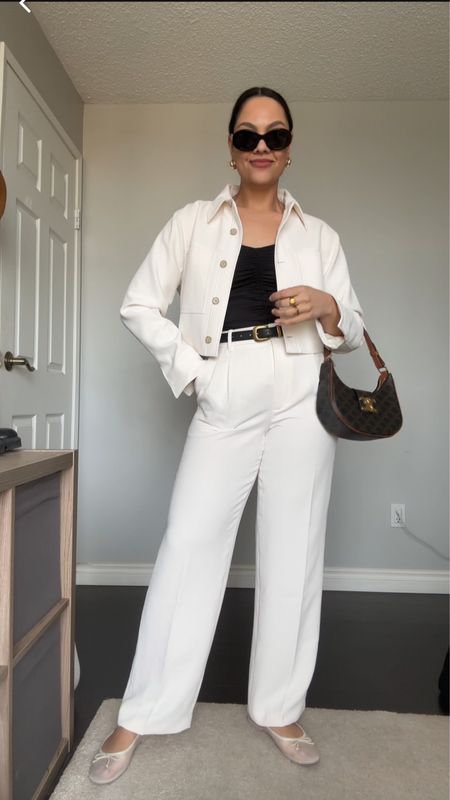 Spring outfit idea!
-Aritzia white high rise tailored pants. I have a size 10. 
-Aritzia cropped white jacket in crepette. I’m wearing a medium. 
-Aritzia black tank top. I have a medium. 
-Aritzia black belt with gold hardware. 
-Dolce Vita white mesh ballet flats. 
-Celine Triomphe sunglasses and Ava bag. 


#LTKmidsize #LTKcanada #LTKstyletip