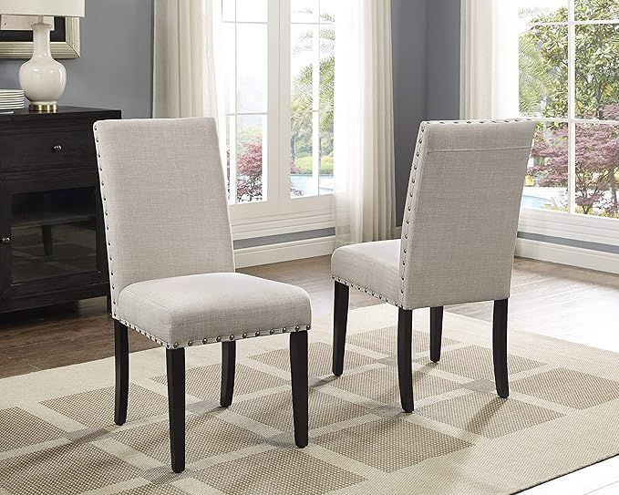 Roundhill Furniture Biony Tan Fabric Dining Chairs with Nailhead Trim, Set of 2 | Amazon (US)