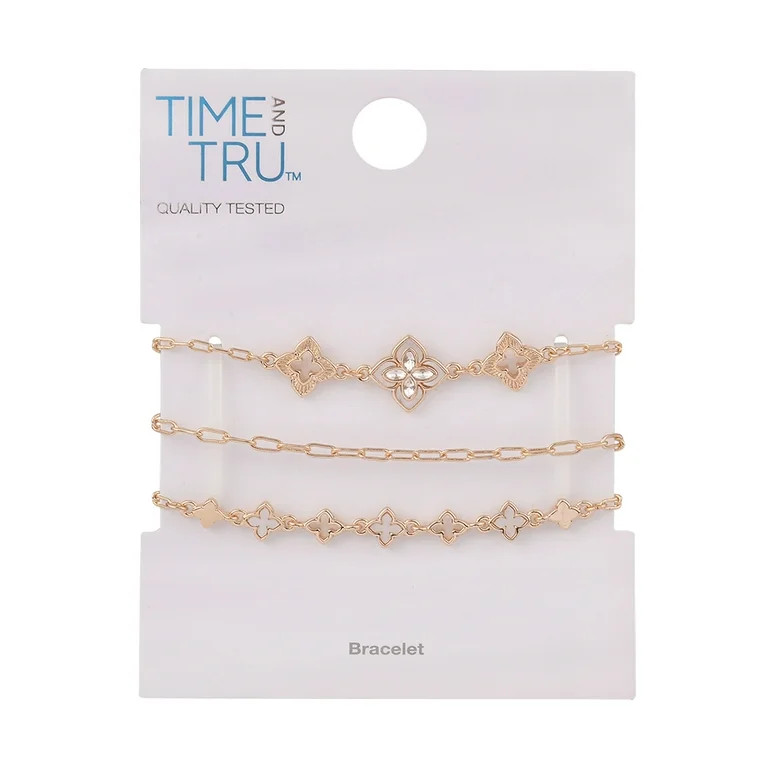 Time and Tru Adult Female Gold-Tone Pearlized Resin Clover Shape 3pc Chain Bracelet Set | Walmart (US)