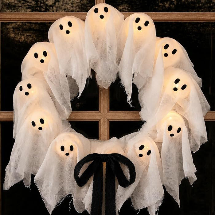 Halloween Decorations Outdoor - 22\u201d Cute Lit Ghost Wreath with 8 Light Modes, Timer and Remo... | Amazon (US)