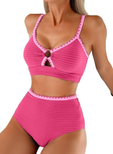 Womens Textured 2 Piece Bikini Sets O Ring High Waisted Swimsuit | Amazon (US)