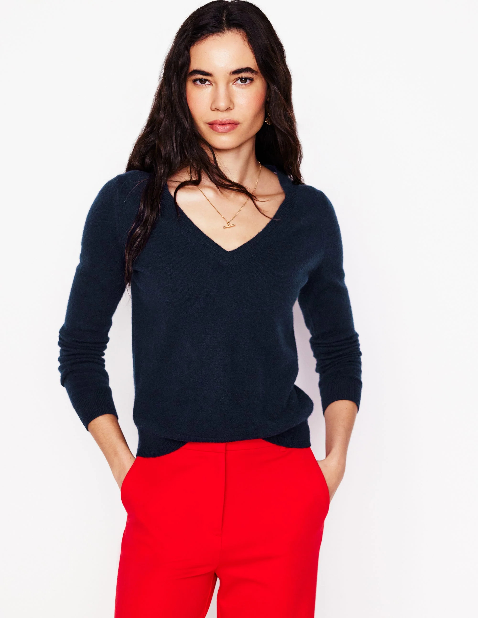 Eva Cashmere V-Neck Jumper-Navy | Boden UK