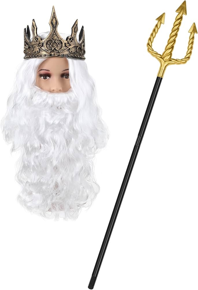 Yingzhao 3 Pcs King Neptune Costume Accessory Gold Trident White Wig and Beard Set Foam Crown Hea... | Amazon (US)