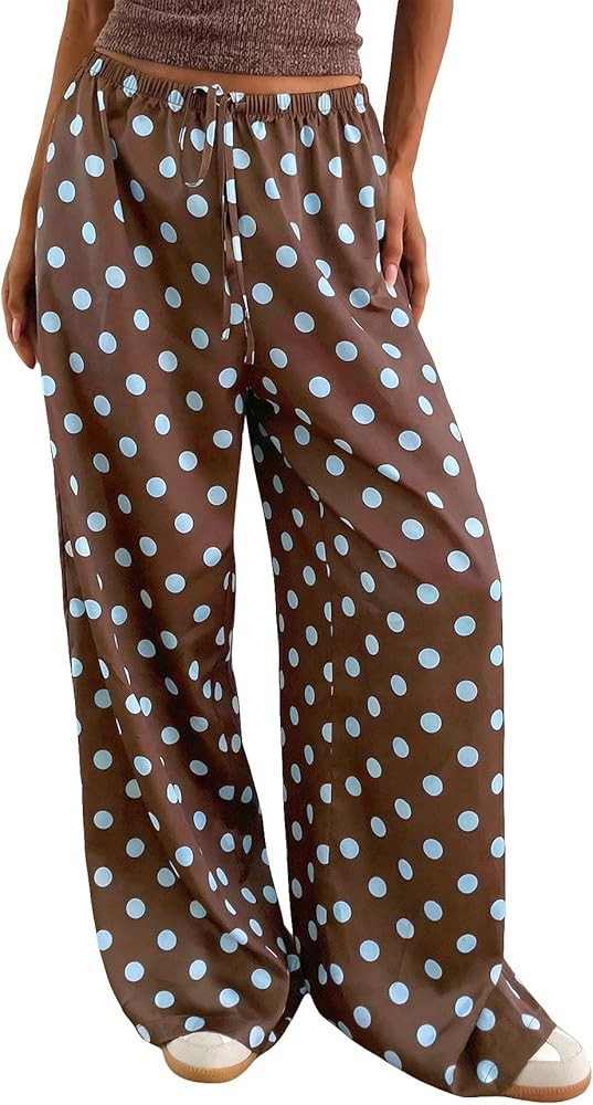 MakeMeChic Women's Summer Satin Silk Pants Casual Flowy Pants Beach Vacation Wide Leg Pants | Amazon (US)