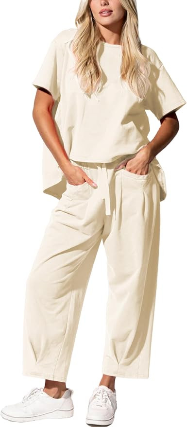 Womens 2 Piece Travel Lounge Set Short Sleeve Top Barrel Leg Pants | Amazon (US)