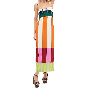 Recious Womens Sexy Spaghetti Strap Colorblock Stripes Printed Bodycon Party Clubwear Dress | Amazon (US)