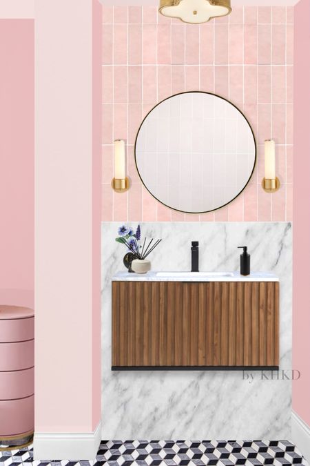 It is no doubt that barbiecore pink is the trending shade. Everything is so dreamy by looking through ‘rose colored glasses’. Pink often create very relaxing and romantic mood. This powder room we designed features pink wall tiles and paints. We use a modern fluted floating dark brown bath vanity to contrast with the pinks to avoid too sweet feel. The geometric floor tile is chic and handsome. #barbiecore #prettyinpink

#LTKsalealert #LTKFind #LTKhome