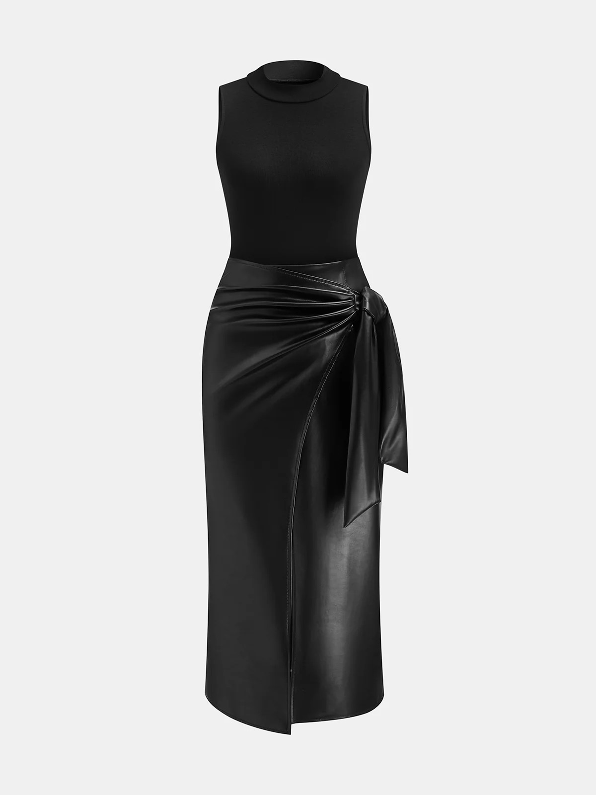 Sleeveless Bodysuit and Faux Leather Skirt Set | Commense