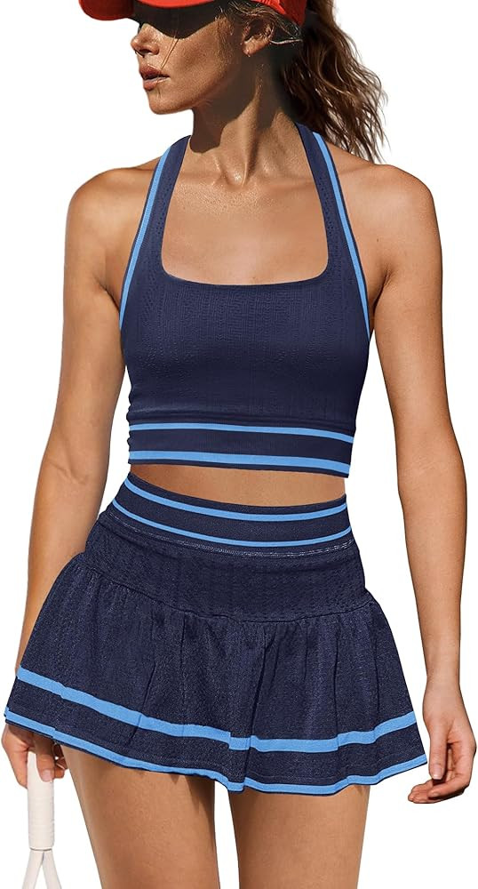 Yanekop Womens Tennis Skirt Set 2 Piece Workout Sets Golf Outfits Athletic Sets Cropped Tank Top ... | Amazon (US)
