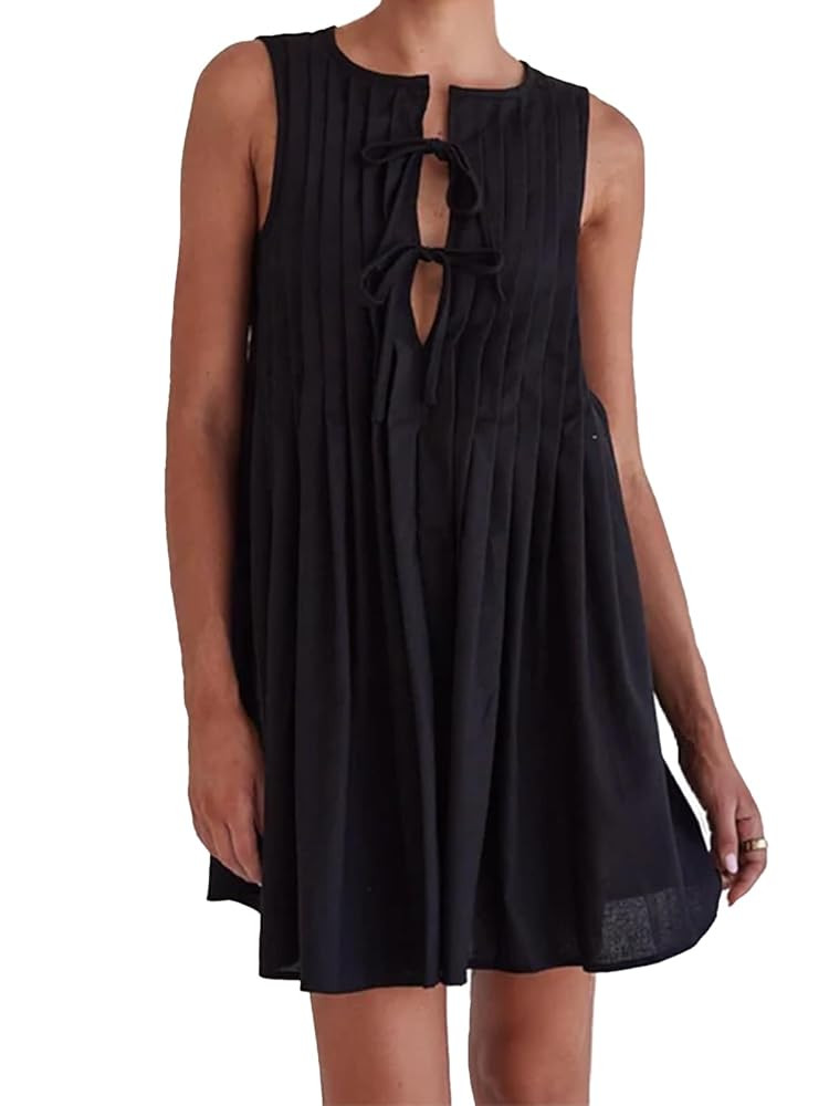 Womens Summer Sleeveless Pleated Dress Tie Front Loose Casual Short Sun Dresses | Amazon (US)