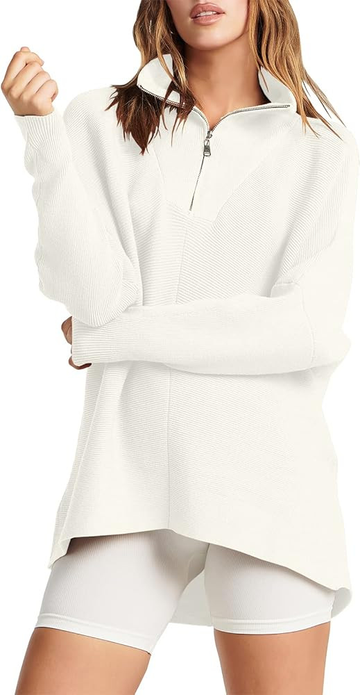 ANRABESS Women's 1/4 Zipper V Neck Collared Long Batwing Sleeve Oversized Slouchy High Low Knit T... | Amazon (US)