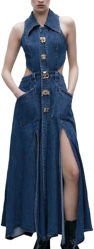 URBAN REVIVO Women's Casual Denim Dresses 2023 Fashion Cut-Out Sides Slit | Amazon (US)
