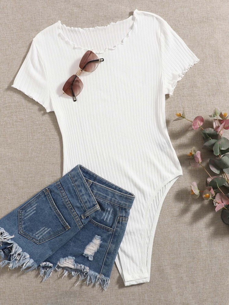 SHEIN Lettuce Trim Rib-knit Solid Bodysuit | SHEIN