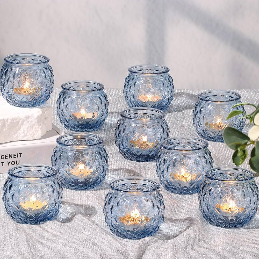 Blue Votive Candle Holders Set of 24- Round Glass Candle Holders Bulk for Tea Light Candle, Diamo... | Amazon (US)