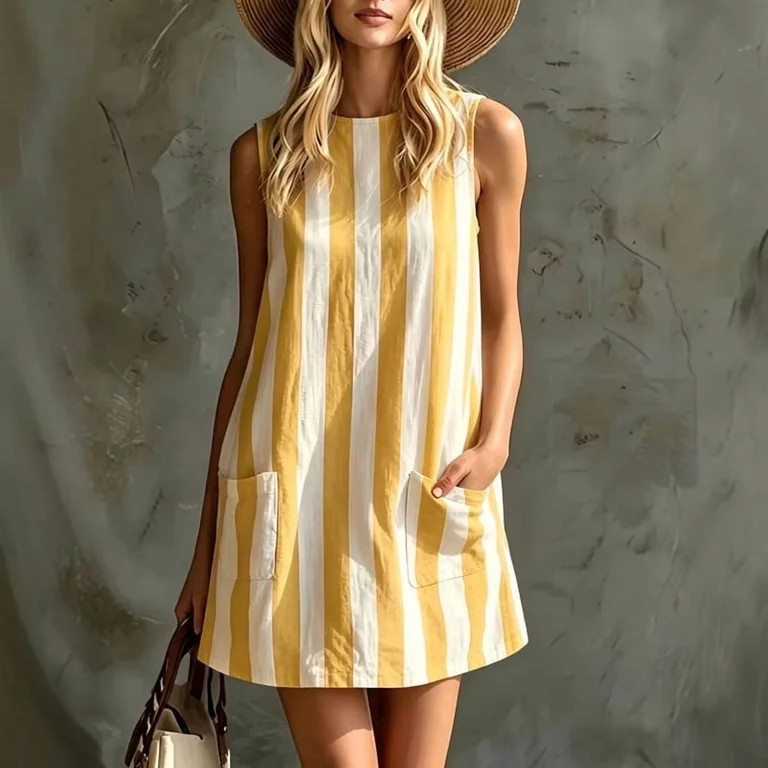 Morttic Women's Retro Striped Sleeveless A-Line Mini Dress with Pockets \u2013 Crew Neck Casual S... | Walmart (US)