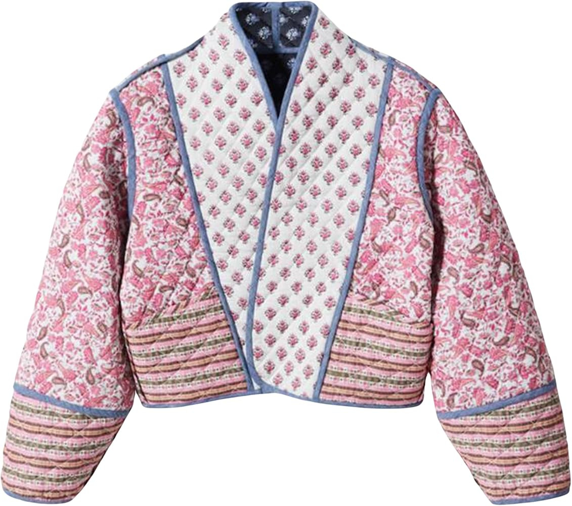 SeekMe Womens Reversible Puffer Jacket Cropped Floral Print Long Sleeve Lightweight Padded Short ... | Amazon (US)