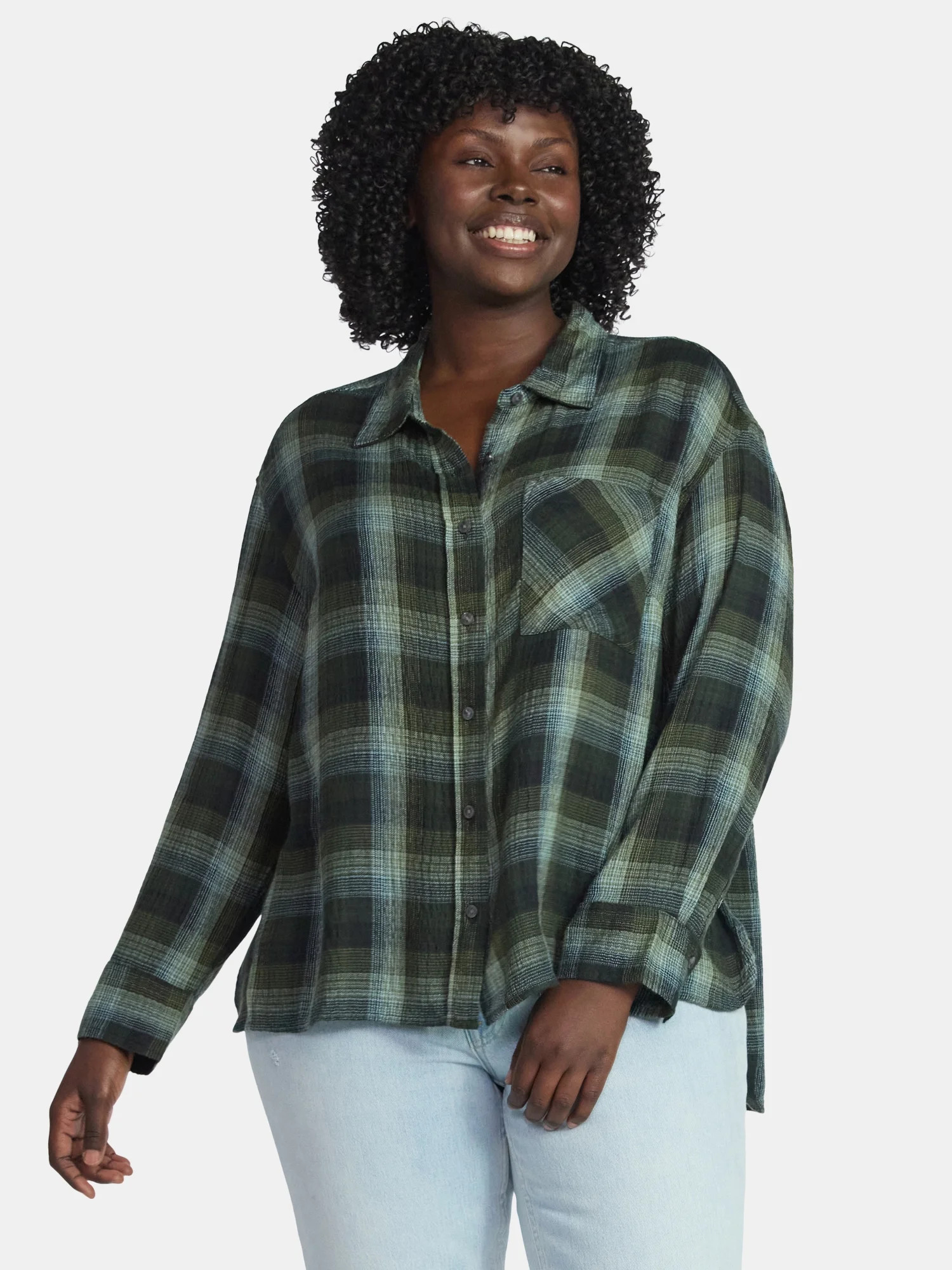 Terra & Sky Women's Plus Plaid Button Front Shirt, Sizes 0X-5X | Walmart (US)