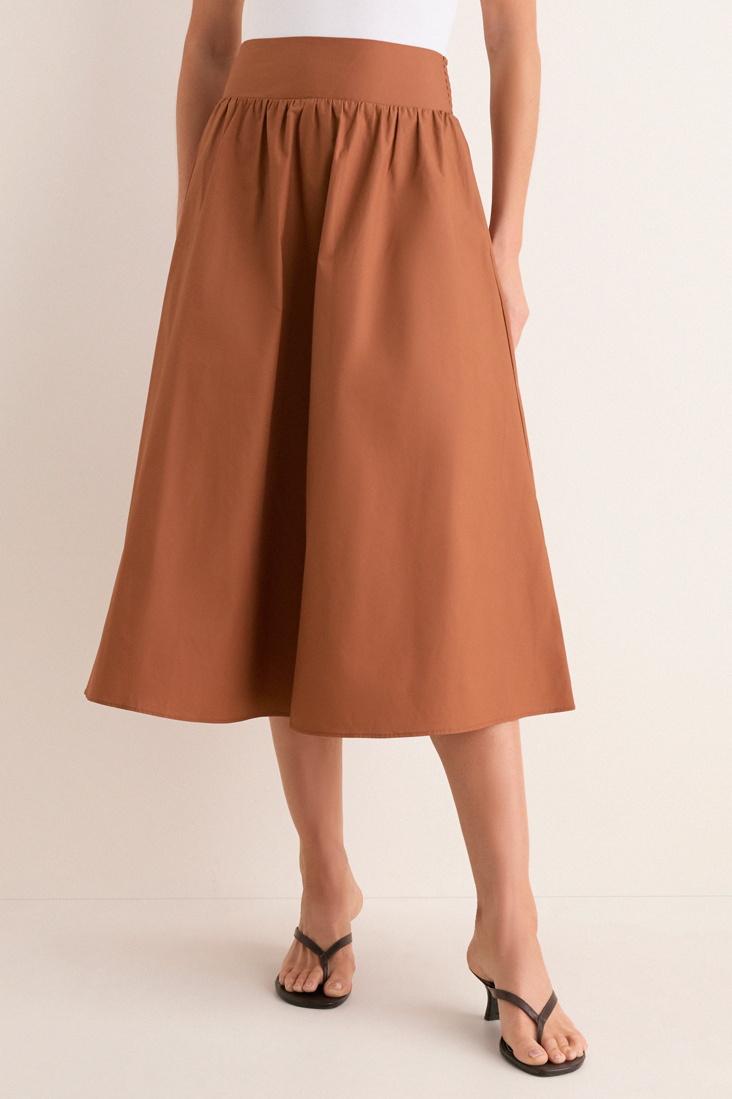Camel Etienne Smocked Waist Gathered Midi Skirt | Tuckernuck (US)