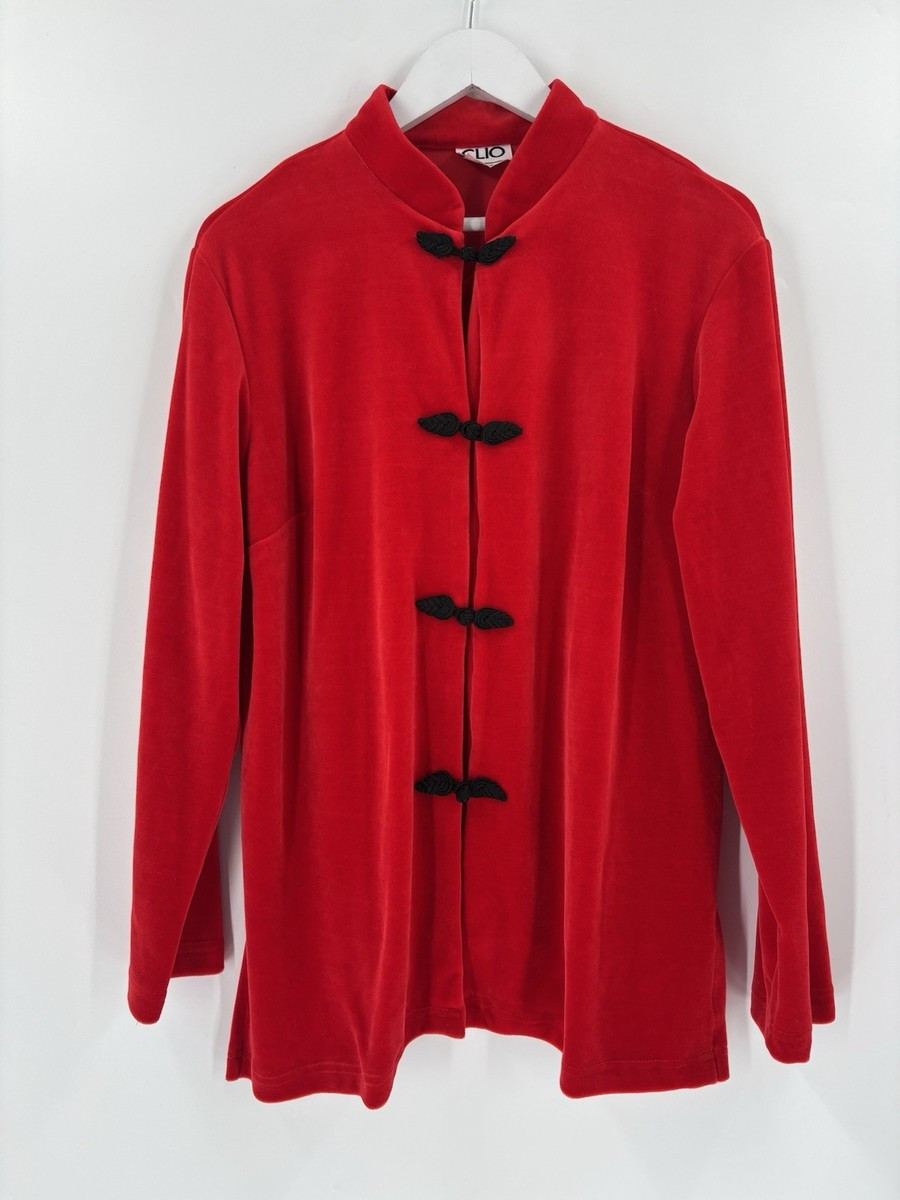 Vintage Clio Jacket Womens Large Red Black Velour Frog Closure Mandarin Collar | eBay US