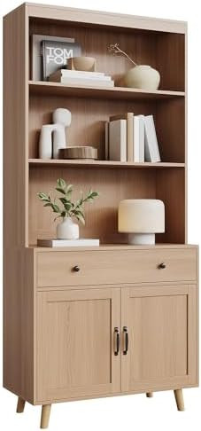 GarveeHome Tall Bookshelf with Storage Cabinet, 72.4" Wood Bookcase with Doors, Drawer & Open She... | Amazon (US)