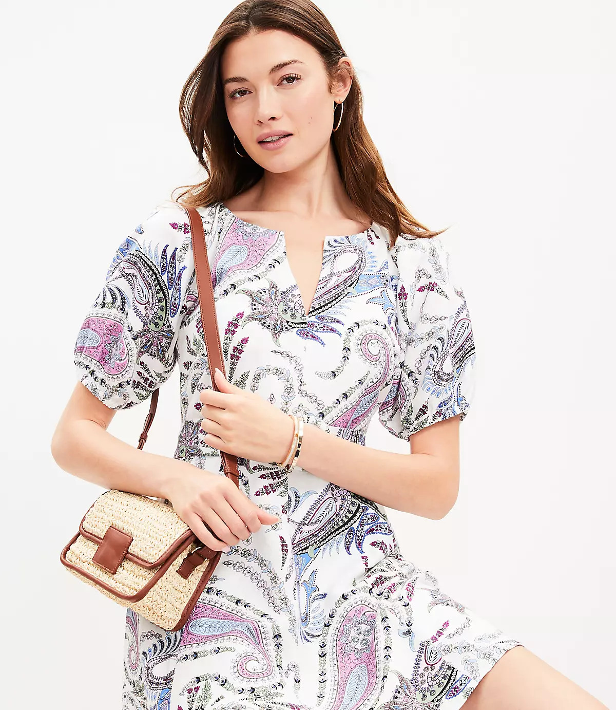 Paisley Linen Blend Belted Puff Sleeve Dress | LOFT
