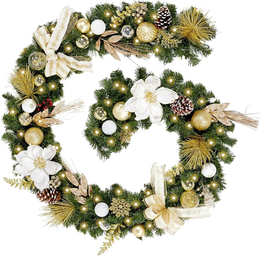 WBHome Pre-lit 9 Feet/108 Inch Christmas Garland, White & Gold Lighted Garland with 50 LED Lights... | Amazon (US)