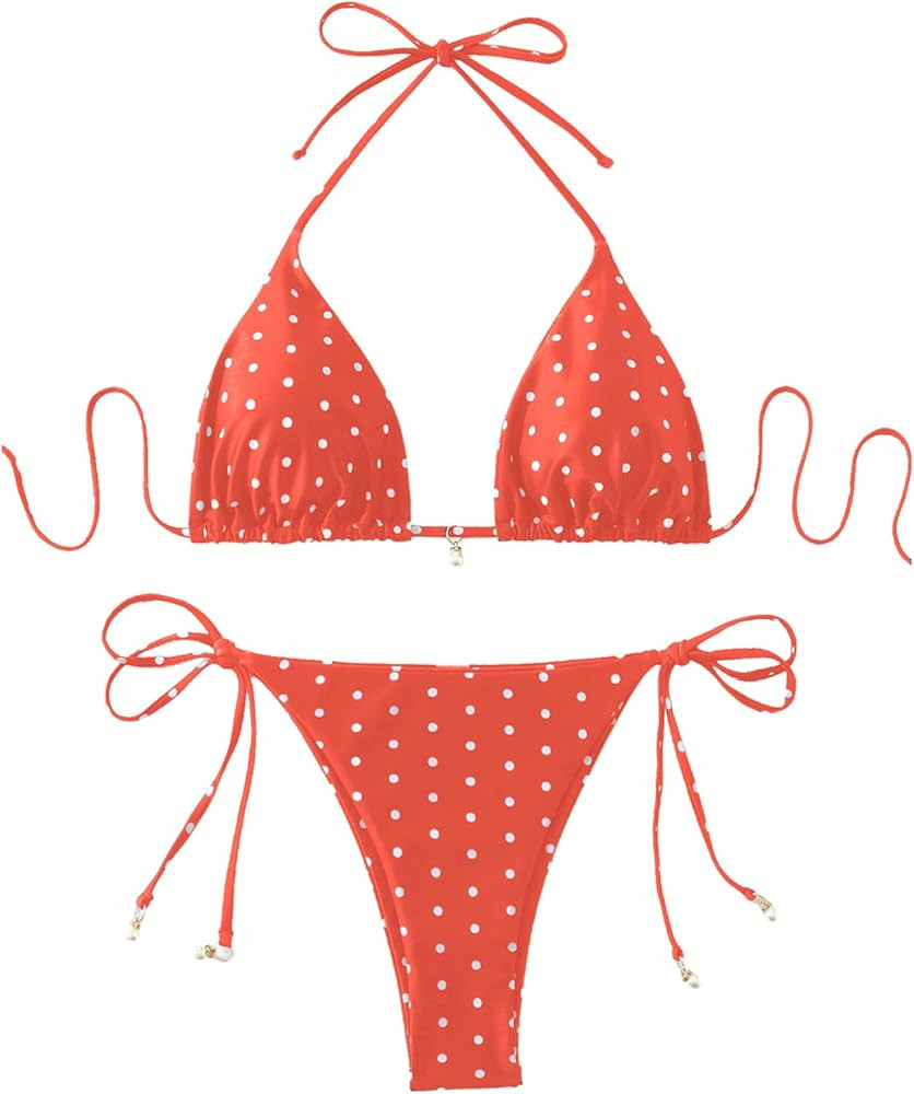 SOLY HUX Women's Polka Dots Print Bathing Suit Halter Triangle Tie Side Bikini Sets Two Piece Swi... | Amazon (US)
