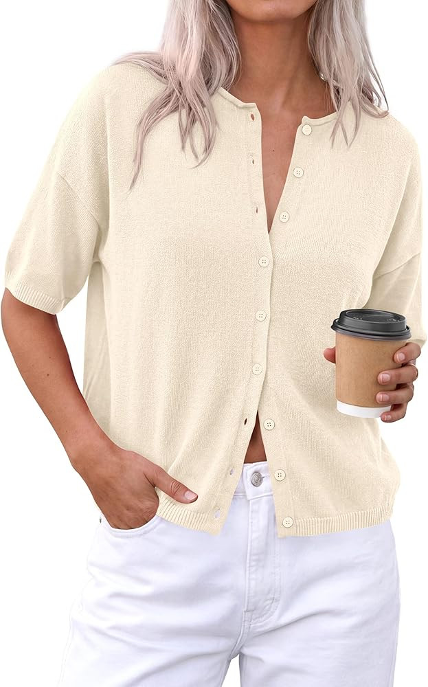 PRETTYGARDEN Women Spring Short Sleeve Cardigan Sweaters Button Down Knit Shirt Blouse Dressy Cas... | Amazon (US)