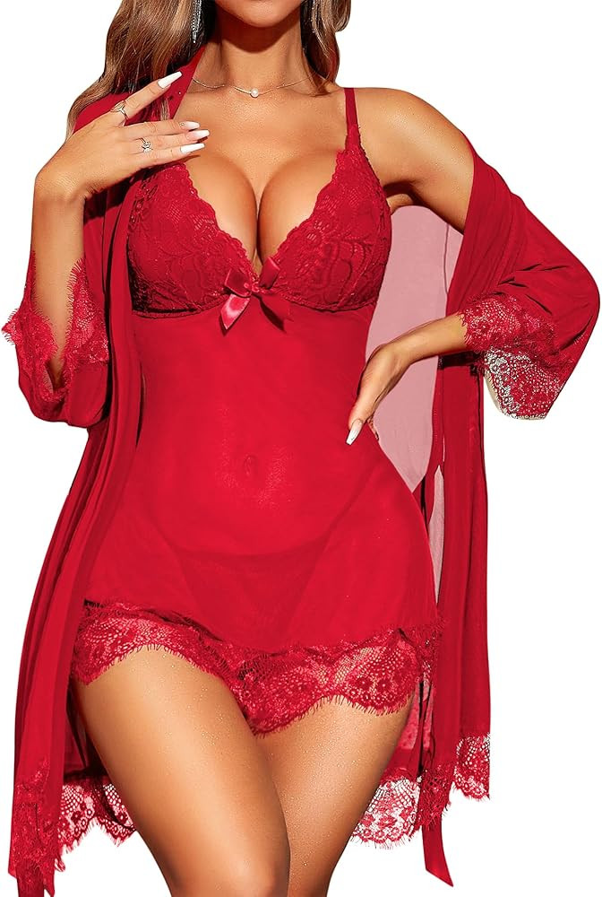 RSLOVE Women Sexy Lingerie Set 3 Piece Babydoll & Lace Kimono Robe Strap Chemise Sleepwear Mesh N... | Amazon (US)