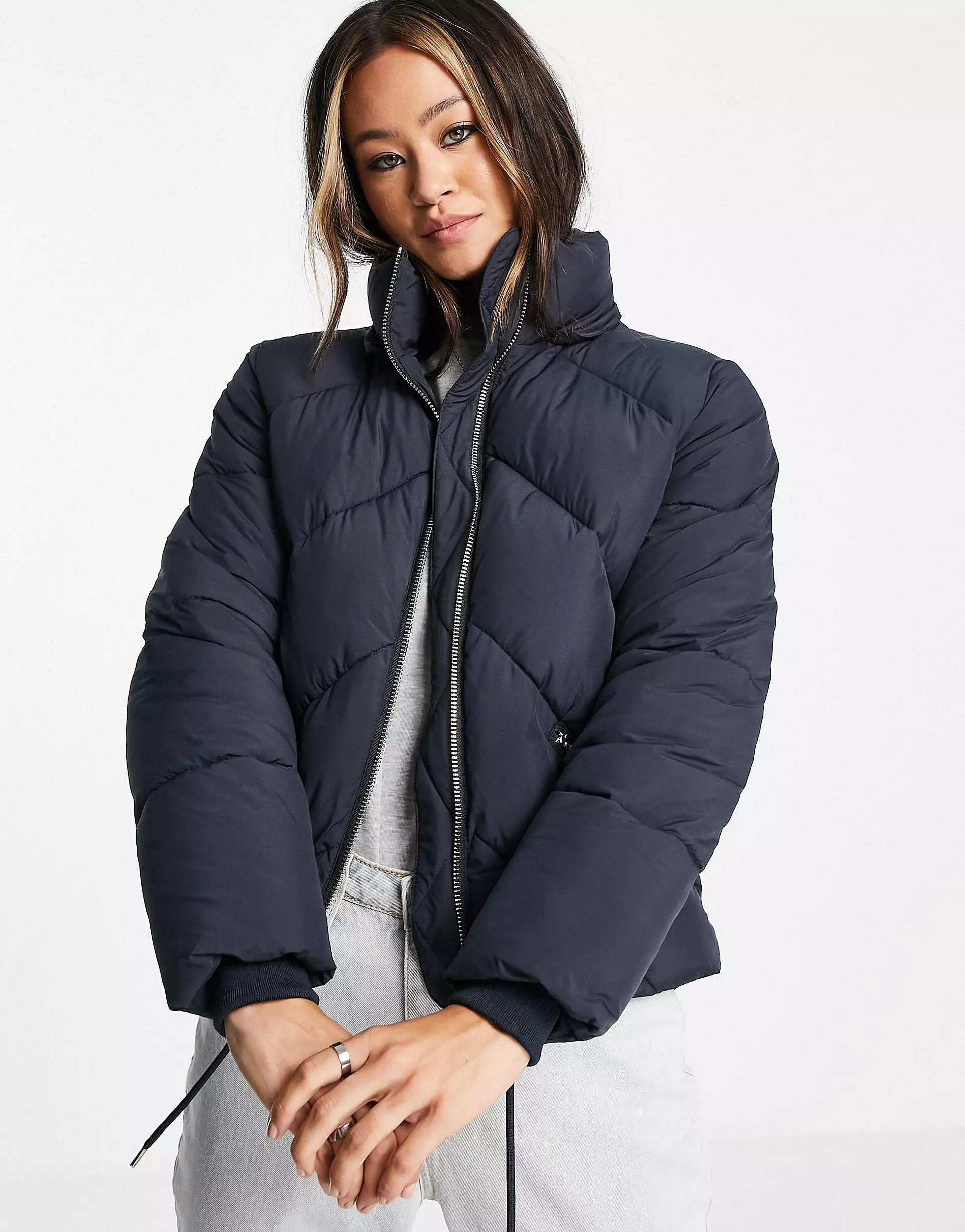 Topshop padded jacket with faux fur hood in navy | ASOS (Global)