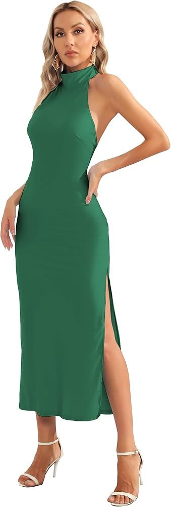 CMZ2005 Women's Halter Turtle Side Slit Gown Backless Maxi Dress Elegant Bodycon Formal Dress 187 | Amazon (US)