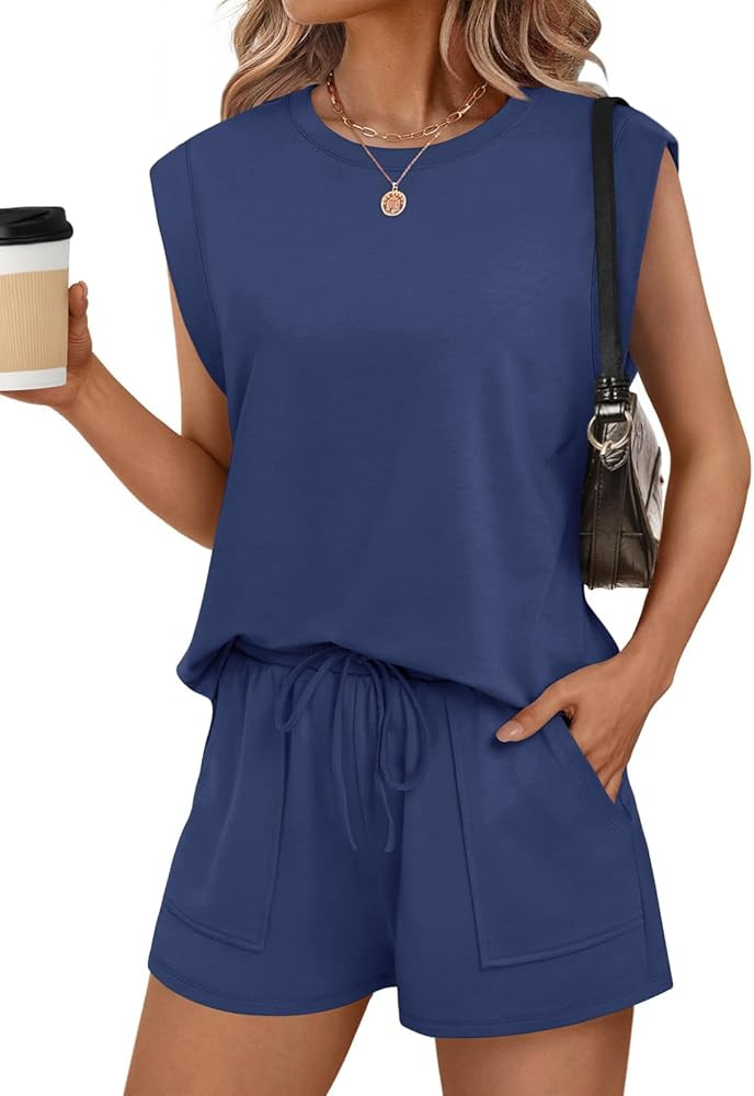 RUBZOOF Two Piece Sets for Women Summer Cap Sleeve Lounge Short Sets Crewneck Outfits with Pocket | Amazon (US)