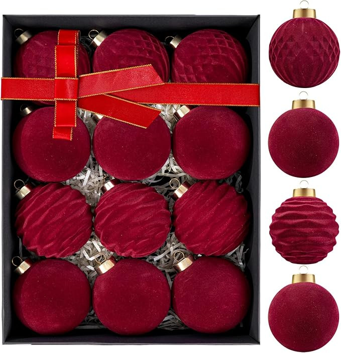 WDF 12PCS Velvet Christmas Tree Ornaments - Burgundy Christmas Ornaments 4 Styles - Red Christmas... | Amazon (US)