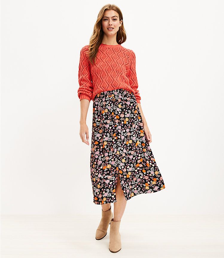 Floral Button Pull On Midi Skirt | LOFT