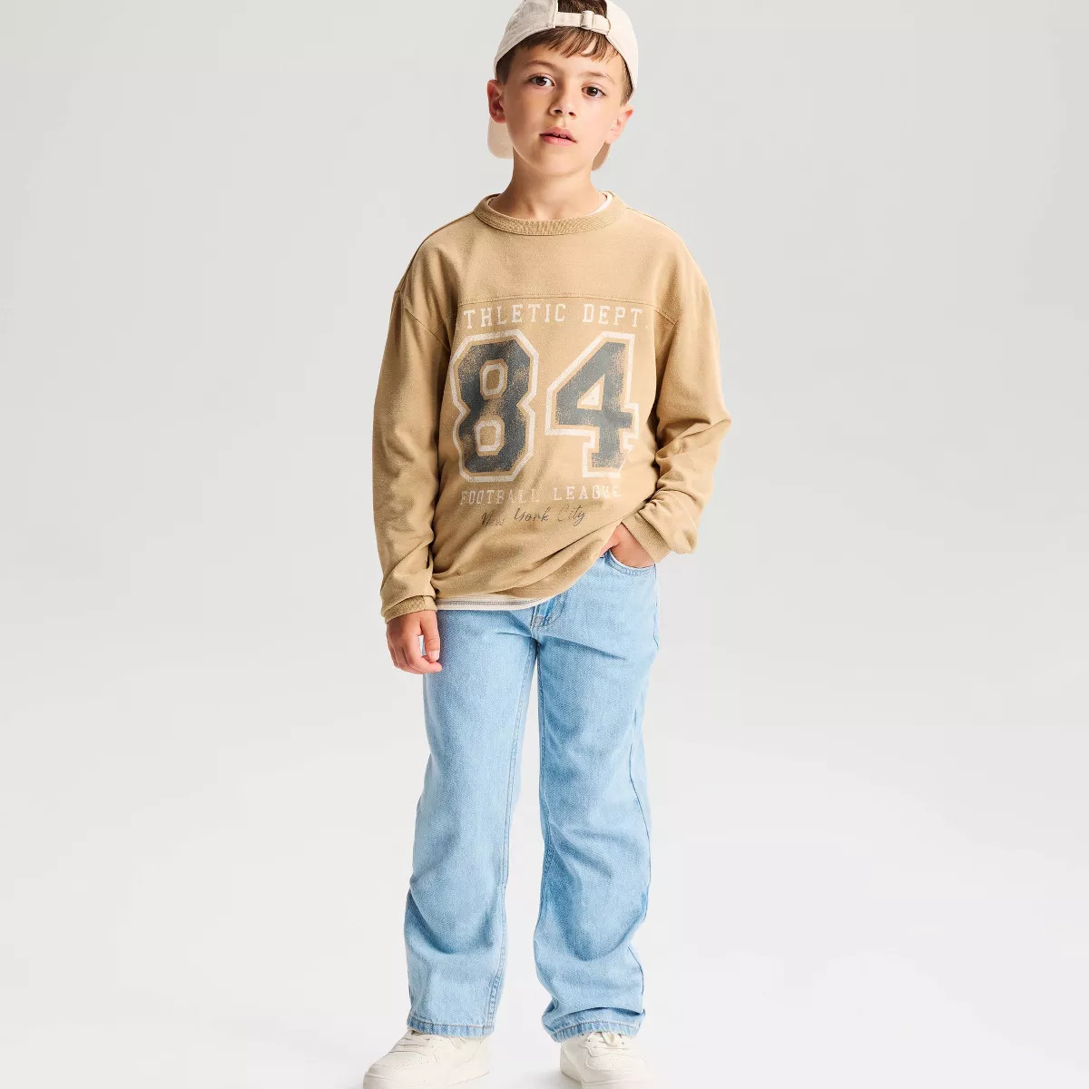 Boys' Long Sleeve Washed Relaxed Fit 'Athletic Dept.' Graphic T-Shirt - Cat & Jack\u2122 Tan XS | Target