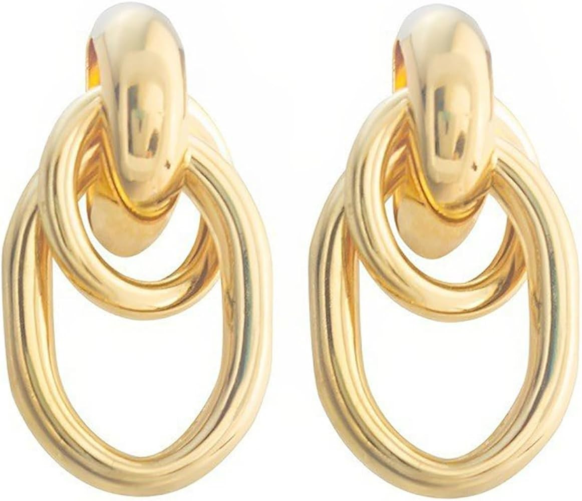 14K Gold Door Knocker Statement Earrings for Women Geometric Circle Twisted Earrings Round Drop D... | Amazon (US)