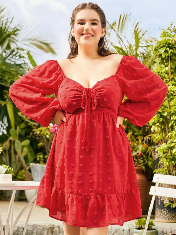 Plus Swiss Dot Drawstring Front Ruffle Hem Dress | SHEIN